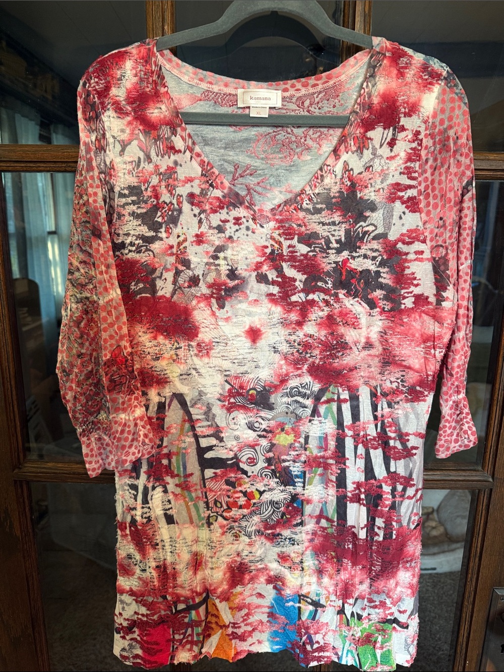 Kamana Red White Mixed Media Floral Polka Dot Burnout Tunic Top XL 3/4 Sleeve